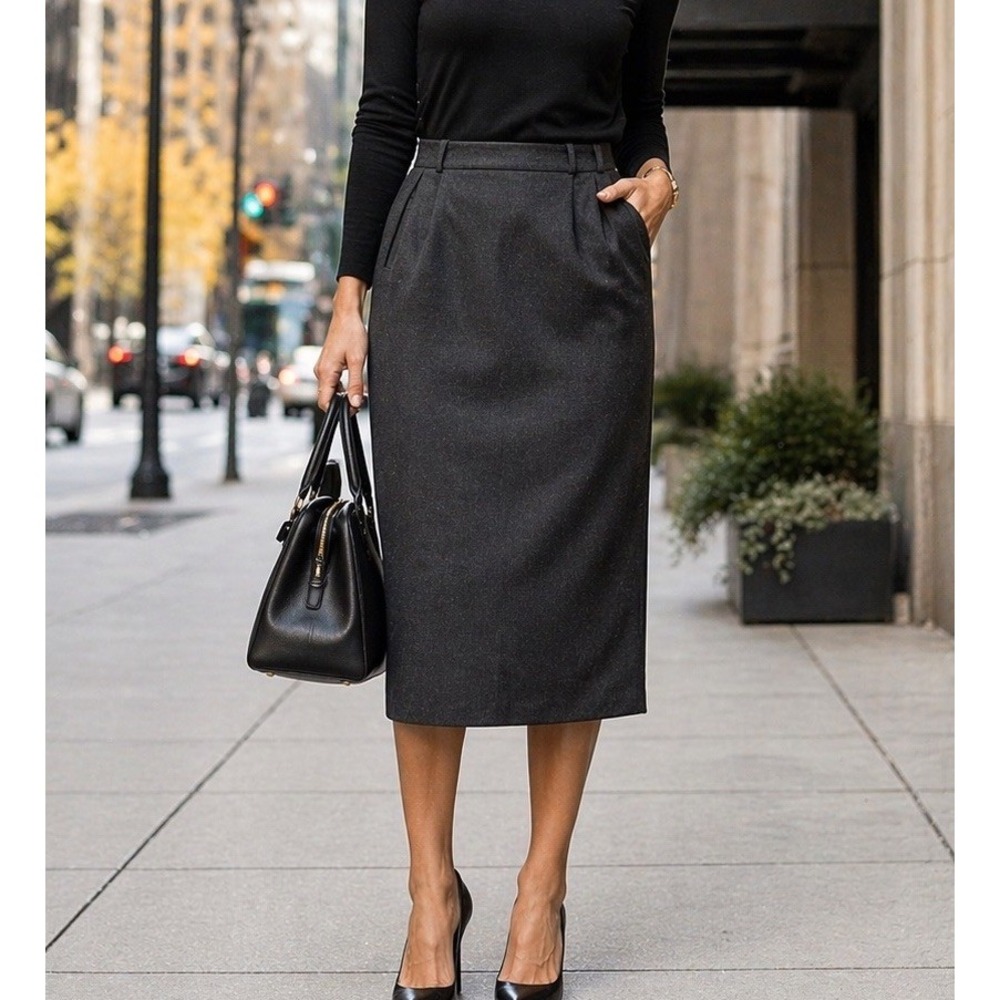 Anne Klein II Vintage 100% Wool Gray Wrap Skirt Pockets Lined Size 12 Petite 12P
